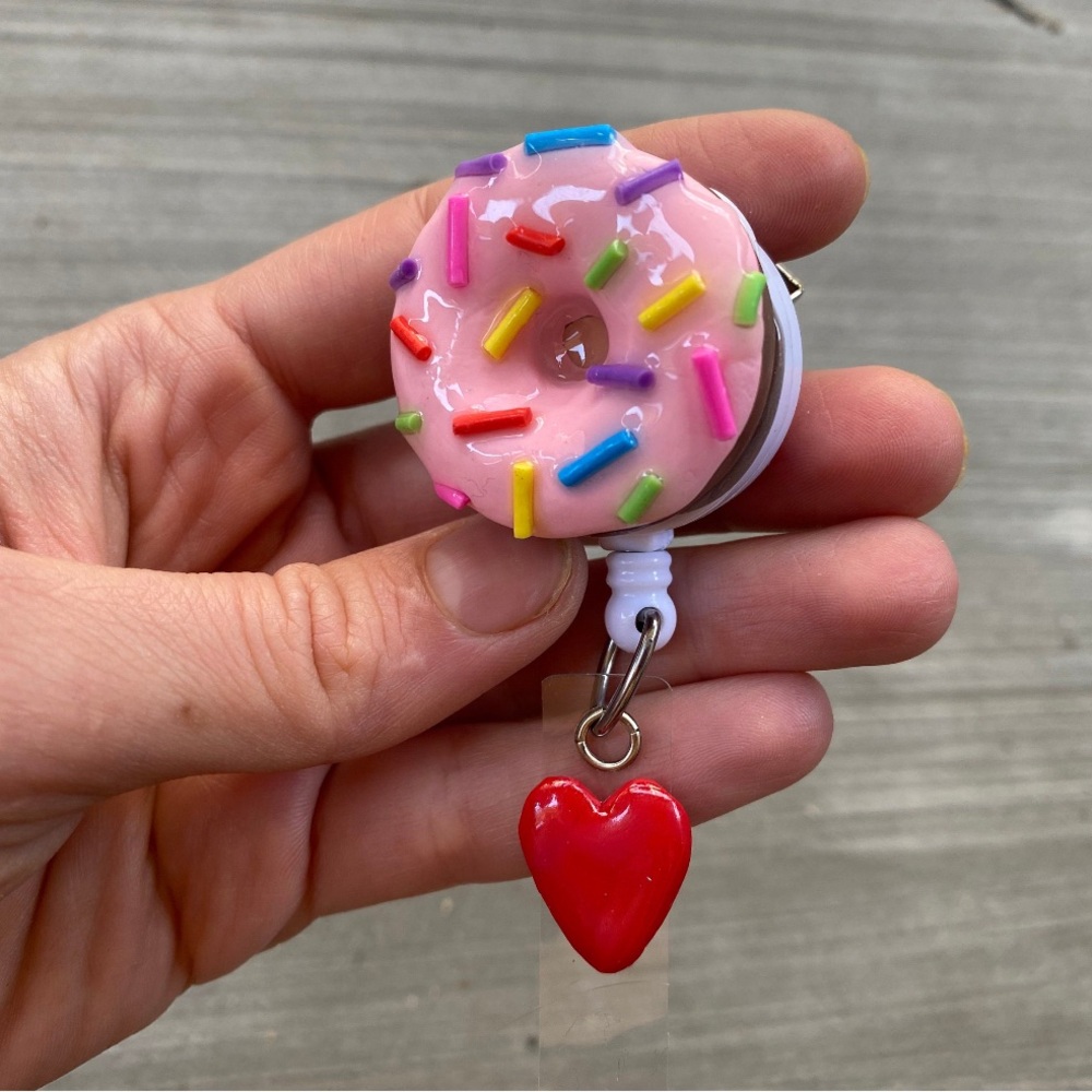 Nurse or office badge reel with donut and heart. Scrubs accessory